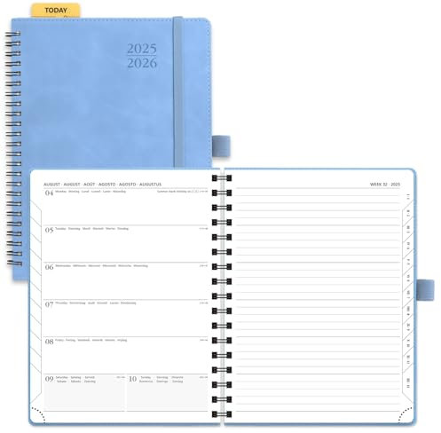 POPRUN Kalender 2025 2026 Buchkalender Notizbuch (Aug.2025-Dez.2026), ca. A5 (22 x 16,5 cm), Terminplaner, Wochenplaner Ringbuch mit Softcover, Zertifiziertem Papier - Cyanblau