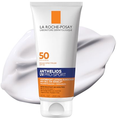 La Roche-Posay Anthelios UV Pro-Sport SPF 50 Sunscreen for Face & Body, Water & Sweat Resistant with Non-Drip Formula, Invisible Broad Spectrum Sunscreen Lotion, Lightweight & Breathable, 6.7 Fl Oz