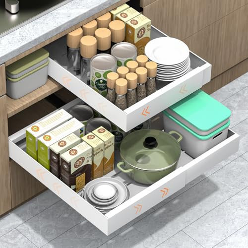 HOZKUY Expandable Pull Out Cabinet Organizer, Slide Out Kitchen Storage Drawer Shelf with Adhesive Film, Sliding Organiser for Bathroom Pantry Organization Adjustable Width 31-52cm, White, 1 Pack
