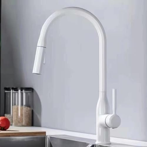 YWJFSA Grifo Abatible Cocina Grifo Cocina Extensible, Giratorio de Agua Fría Y Caliente con 2 Modos de Rociado,Blanco