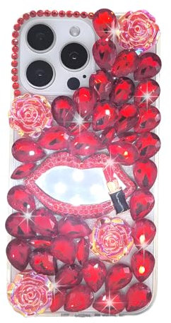 Ymyhyuxi Cases for iPhone 8 Plus Case Bling Diamond 3D Luxury Sparkle Glitter Crystal Rhinestone Lips Mirror Cover（Red）