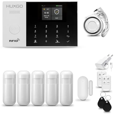HUXGO® HXA005 Système d'alarme Maison WiFi + GSM 4G avec Sirène | Alarme Maison avec capteur de fenêtre sans Fil, 5X détecteurs de Mouvement | Kit d'alarme Anti Intrusion pour Appartement, Garage