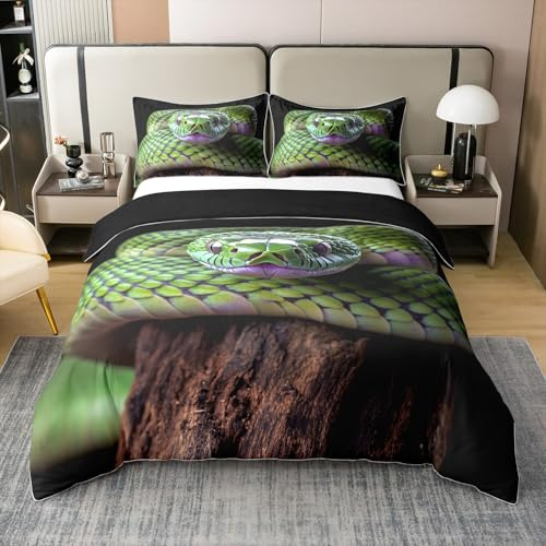 Homewish Baumwolle Grüne Schlange Bettbezug 135x200 1 Kissenbezug Tropische | Tröster Abdeckung Wildtiere Bettbezug Dschungel Bettwäsche Schlangewaagen Weich Bettwäsche Set für Zimmer Dekoration Grün