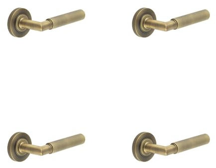 Loops 4 Pack Antique Brass Knurled Door Handle with Rose for Elegant Interiors - Solid Brass Interior Handle