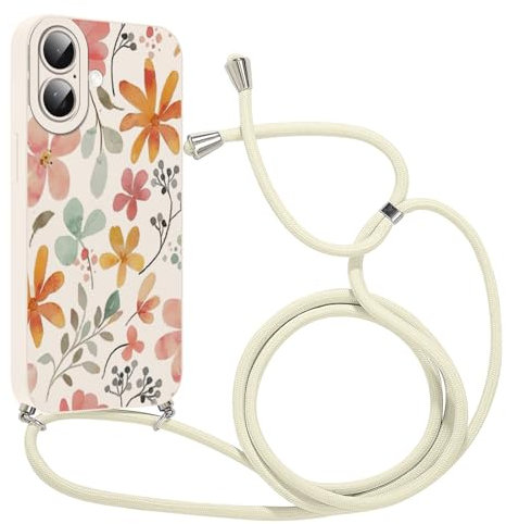 Kueqeay Coque avec Cordon pour iPhone 16 6,1 avec Motif Fleur Blanc Case, Aesthetic Silicone étui avec Collier Réglable Corde Souple TPU Antichoc Housse de Protection pour Femmes, 01