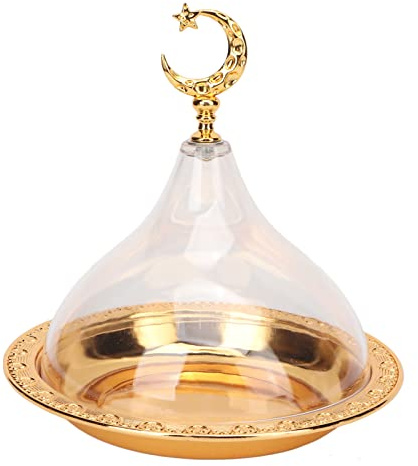 Assiette Service avec Dôme, Motifs Relief Dorés Acier Inoxydable Acrylique Cloche Service avec Dôme, Assiette Salade Desserts café pour la Famille du café Fête