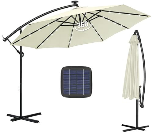 Kidsgigglz Sombrilla, sombrilla de jardín con protección UV 40+, resistente al viento, giratoria 360°, aluminio estable, para terraza de jardín, visibilidad adicional en la oscuridad, duradera, beige