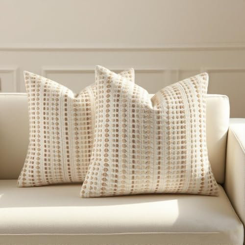 Habodd 2er Set Boho Kissenbezug 45x45 Baumwolle Leinen Kissenhülle Braun Beige Sofakissen Punkt Gestreift Strukturiert Netural Dekokissen Kissenbezüge für Sofa Wohnzimmer Schlafzimmer Outdoor Kissen