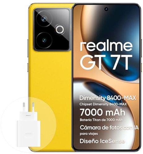 realme GT 7T Smartphone 5G 12+512 GB, chipset Dimensity 8400-MAX, batteria da 7000 mAh, display da 6,78 1.5K 120Hz, fotocamera AI Travel Snap, IP69, IceSense Giallo