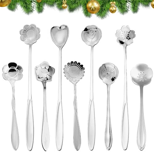 FUAAOLIY Flower Spoon Set, 9PCS Coffee Teaspoon Stainless Steel Tea Spoon Reusable Coffee Sugar Stirring Ice Cream Dessert Spoons for Tea Party Decorations Cake Tea Scoops (Silver)