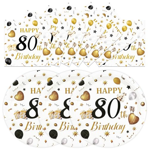 HFBOBP 50PCS 80th Birthday Plates and Napkins Party Decorations, 7 Inch White and Gold Happy Birthday Paper Dessert Cake Plates and Napkins with Forks Disposable Tableware Set for Women Men