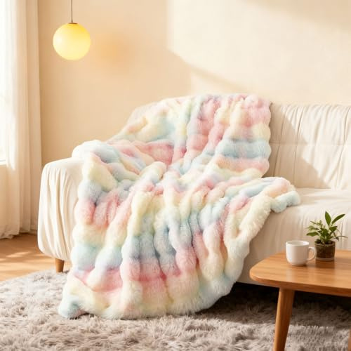 Yunlaishaocer Kuscheldecke Flauschig, 110x160cm Regenbogen Samt Bubble Decke Plüsch Decke, Kuschelig Warme Vielseitig Kaninchen Flauschige Decke für Bett Sofa Schlafzimmer Büro(A)