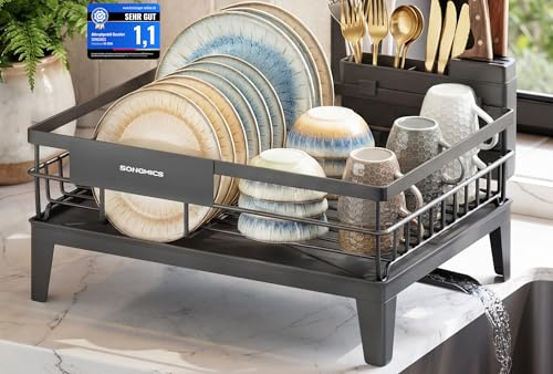SONGMICS Abtropfgestell Geschirr, 360° drehbarer und ausziehbarer Ablauf | Geschirr-Abtropfständer, 42,4 x 35,4 x 22,6 cm, Abtropfschale, Besteckhalter, Küche, Grau, PATALLA Kollektion KCS550GT01