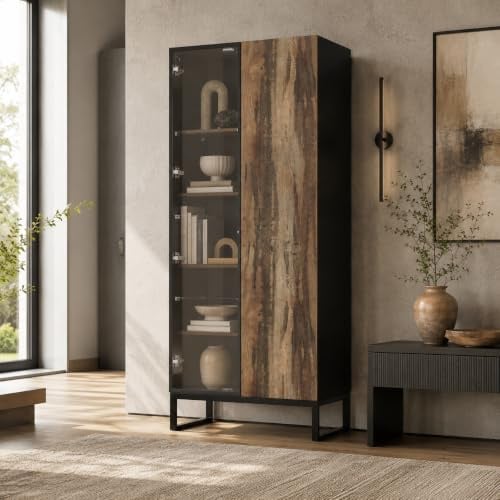 PREMTURE Vitrine Schwarz mit Glastür, Hochschrank mit Holzoptik & 8 Fächern | Moderner Vitrinenschrank mit Rauchglastür, Holzfront, 8 Fächern und stilvollem Stauraum für Wohnzimmer