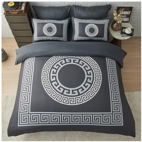 GC GAVENO CAVAILIA Greek King Size Duvet Cover Sets - Microfibre Geometric Bedding Sets with Pillowcases - Durable & Easy Care Quilt Covers - Soft Duvet Comforter Cover, Charcoal