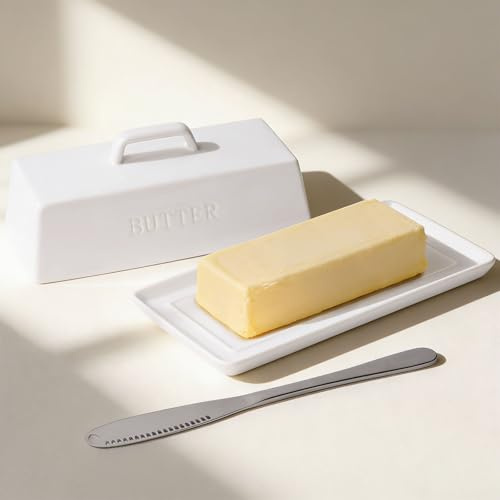 WERTIOO Butter Dish with Lid for 250g and 500g Butter with Butter Knife | Porcelain Butter Keeper with Handle Cover French Butter Dish Ceramic Butter Holder Container for Countertop