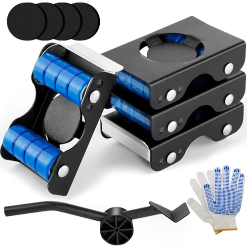 Möbel-Transportrollen-Set – Möbelwagen, 4 Rollen und Hebelstange und Handschuhe, 350 kg Tragkraft, Transportroller, verbesserte bewegliche Räder für schwere Geräte, Sofa, Bett, Waschmaschine, Schrank