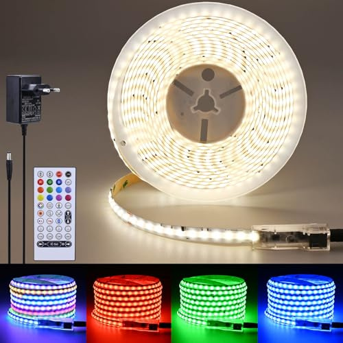 FOSUO RGBW IC COB LED Streifen 4000K Neutralweiß 5M 24V WS2811 Adressierbar | mit Fernbedienung Musik-Sync Timer mehrfarbigen Effekten 480LEDs/m 10mm selbstklebend schneidbar für Schlafzimmer, TV, Gaming
