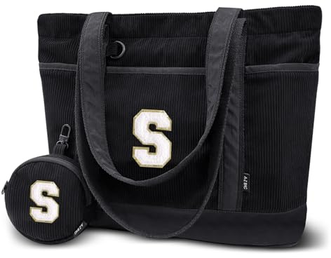 A-Z BAG Sacs fourre-tout en velours côtelé pour femme avec porte-monnaie – Sac à bandoulière personnalisé avec base renforcée – Cadeau de grande capacité pour femmes, dames et adolescentes (noir, A)