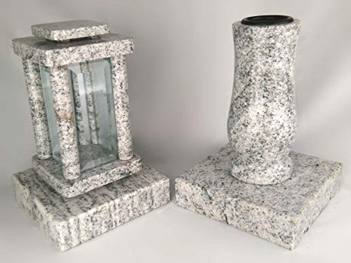 designgrab Modern Grablampe mit Vase und 2 Stück Sockel aus Granit Viscont White, Grabschmuckset