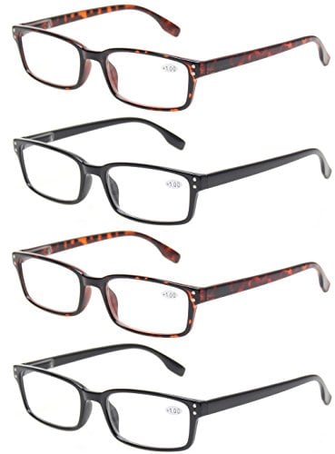 Kerecsen 4-Pack Rectangular Retro Style Men Reading Glasses Spring Hinges Comfortable Readers (+1.50, 2 Black 2 Tortoise)