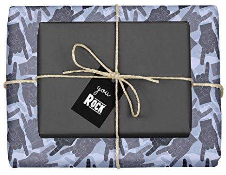 dabelino 4X Geschenkpapier: Rock n Roll, Pommesgabel, Metal Hand (zweifarbig schwarz-grau-blau) mit Anhänger (für Rock Fans, Musiker, Männer, Frauen, Musiklehrer, Musikschüler, Humor, lustig)