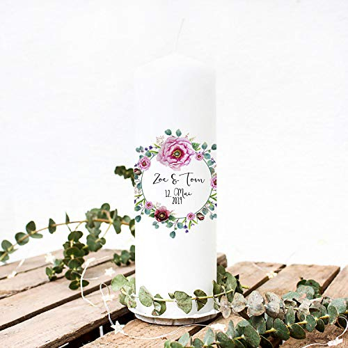 Hochzeitskerze Kerze zur Hochzeit Trauung Traukerze Vermählung mit Blumenkranz Pfingstrose Wunschnamen & Datum wk96 ilka parey wandtattoo-welt®