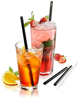 GEFU 12707 Glasstrohhalme FUTURE, 4er-Pack 23 cm schwarz, wiederverwendbare und plastikfreie Glas-Trinkhalme + Reinigungsbürste