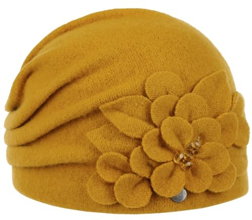 LIERYS Zikana Wollmütze - Elegante Walkmütze mit Blumen-Applikation - Wintermütze aus 100% Schurwolle - Damen - Herbst/Winter senf One Size