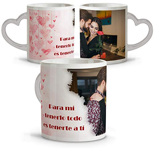 Taza con Foto Personalizada. Tazas Asa Corazon. Regalos San Valentin Personalizados. Taza San Valentin de Cerámica. Taza Asa Corazon Corazón Corazones