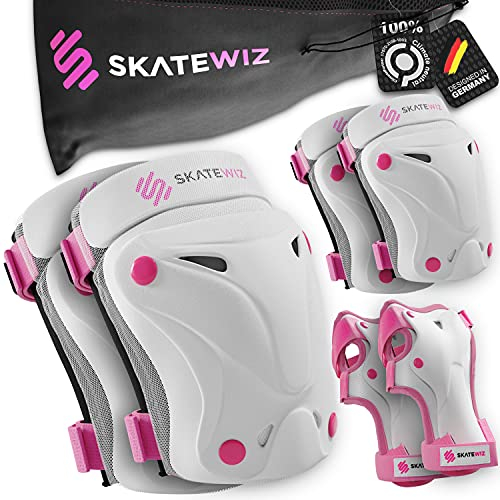SKATEWIZ Knieschoner Kinder, Schoner Inliner Kinder - Protektoren Kinder - Schützer Inliner Kinder - Knieschützer Kinder, Inliner Schoner Kinder - Schoner Set Kinder, Pink White Größe XS