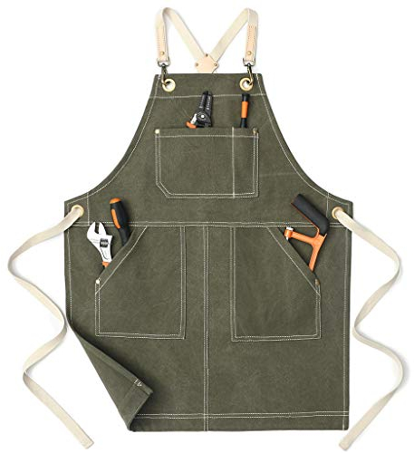 Jeanerlor - Wasserdichte Arbeitsschürze aus Segeltuch mit 4 Taschen für Herren (Olivgrün), verstellbar von L bis XXXL