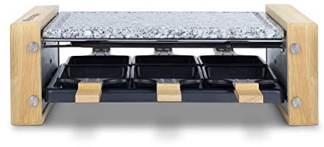 H.Koenig Appareil à raclette Multifonction 6 personnes WOD6, Professionnel, Raclette fromage, Fondue, Pierre Granit et bois naturel, Plaque Amovible, 6 poêlons & 6 spatules en bois, 900W