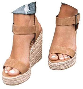 Minetom Femme Chaussure Sandale Mariage Cérémonie Plateforme Lanière Cheville Lanière Épaisse Corde Avec De La Paille Talon Plateforme C Kaki 39 EU