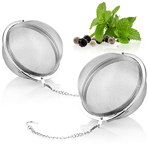 com-four® 2x Teesieb aus rostfreiem Edelstahl 304 - Teeei für losen Tee, Kräuter und Gewürze - feinmaschiger Teefilter mit Kette - Gewürzsieb - Kräutersieb (2 Stück - 6.5 cm Ø)