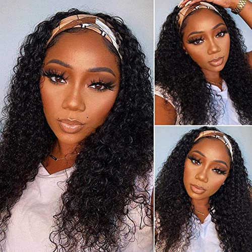 Rebasar Perruque Bandeau Cheveux Humain Deep Wave Perruque Femme Naturelle Brésilien 16 Pouces(40cm) 150% Densité Perruque Bresilienne Bouclée Non Lace Curly Headband Wig Noire Naturelle