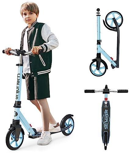 WAYPLUS Cityroller för barn, tonåringar och vuxna från 6 år, lätt och hopfällbar, max. Lastkapacitet 108 kg, 205 mm hjul med ABEC9-kullager, justerbar höjd och inkl. bärrem (blå)