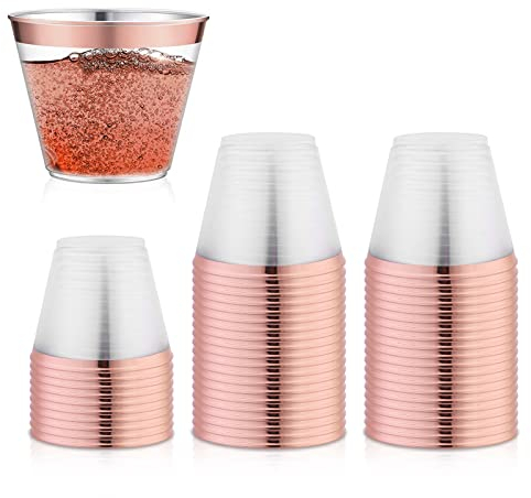 Delamiya 50 Stück Sektgläser Plastik 255ml, Wiederverwendbar Trinkbecher Plastikbecher Mit Goldrand, für Party Hochzeit Picknick Geburtstag Strand Camping