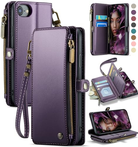 Defencase Compatible with iPhone SE 2020 2022 Case Wallet with RFID Blocking Card Holder for Women Men, Soft PU Leather Magnetic Snap Flip Zipper Strap Wallet Phone Case Fit for iPhone SE/7/8, Purple