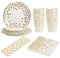Lot de 125 assiettes en carton blanc et doré，Set d'Assiettes de Fête Jetables,25 invités Vaisselle Jetable Tasses Serviettes Pailles pour Diverses Fêtes et Anniversaire Mariage Fête