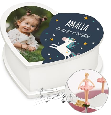 Maverton personalisierte Musikschmuckdose in Herzform mit Aufzieh-Spieluhr - Schmuckkästchen Ballerina Spieldose - Herz Schmuckkiste für Mädchen zur Taufe Erstkommunion - zu Weihnachten - Träume