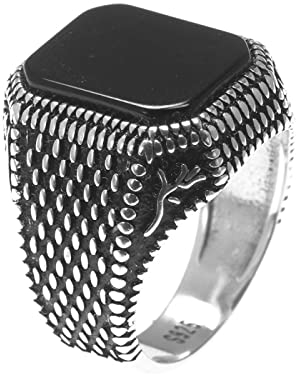Klauer Herrenringe, Herrenringschmuck, Ringe Ringschmuck Echtes reines 925er Sterlingsilber Herrenringe Ottoman Tugra mit schwarzem Achat-Naturstein Retro-Rosenblume eingraviert (Size : 11)