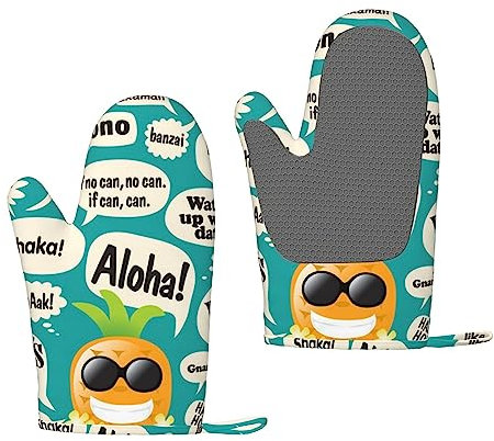 LAMAME Bedruckte Silikon-Handschuhe mit hawaiianischen Sprüchen, hitzebeständige Ofenhandschuhe