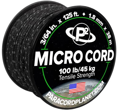 Paracord Planet Micro Paracord – Filo intrecciato sottile per lavori artigianali, pesca e progetti fai da te, in bobine da 38 m, nero riflettente