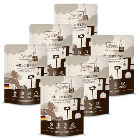 MjAMjAM - Premium Nassfutter für Katzen - Quetschie - purer Fleischgenuss - Lamm pur, 6er Pack (6 x 300 g), getreidefrei mit extra viel Fleisch