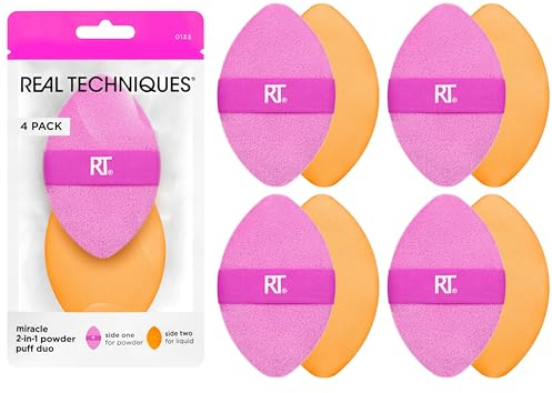 Real Techniques Paquet de 4 bouffées à poudre Miracle 2-en-1, houppette à maquillage double face, bande élastique réversible, en crème et en poudre