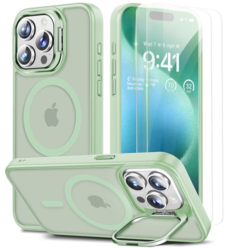 Beeasy für iPhone 15 Pro Hülle, Kompatibel mit MagSafe, Ständer Handyhülle mit 2 Stück Schutzfolie, Magnetische Stoßfest Schutzhülle Case, Durchscheinend Matt Grün