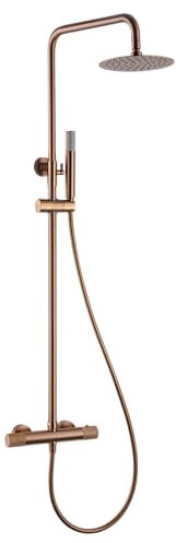 IMEX - Columna Ducha Termostatica Oro Rosa con Grifo | Conjunto de Ducha con Alcachofa y Rociador Antical Efecto Lluvia | Griferia en Latón y Acero Inox S.304 con Barra Extensible | Serie Line