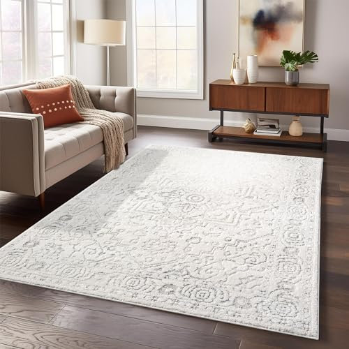 payé Teppich Wohnzimmer - 200x290cm Creme Hochtief Struktur Flachflor - Ornamte Muster Boho Wohnteppich