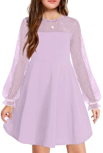 Arshiner Abito per Ragazze Festa Estiva Elegante a Maniche Lunghe Abito da Principessa Abiti a Rete Bambini al Ginocchio Viola 160